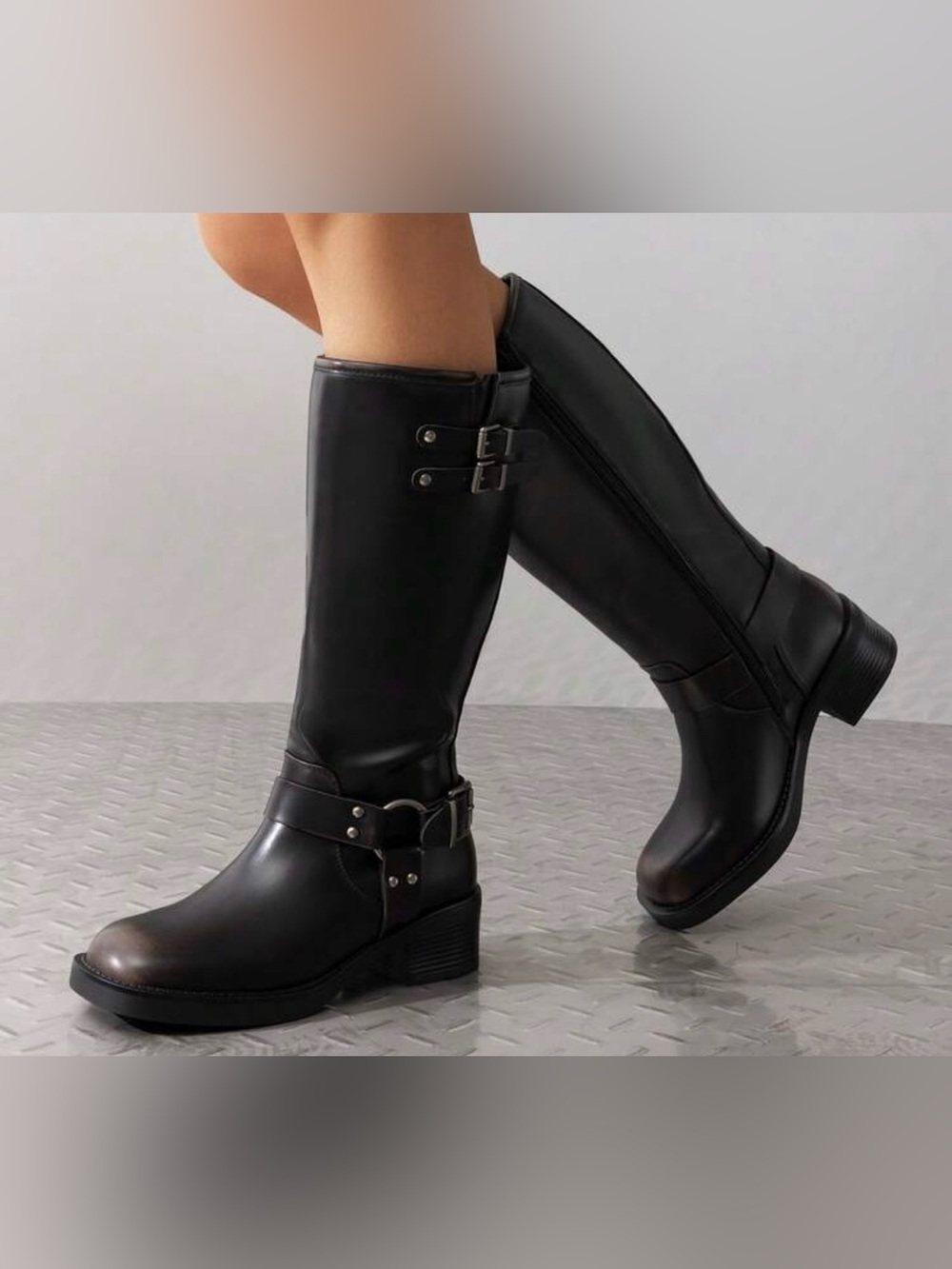 Womens Black Knee-High Riding Boots with Buckle Detail